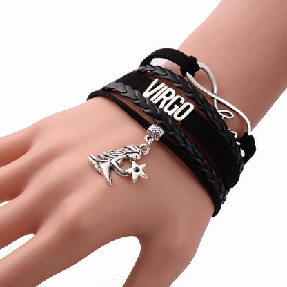 12 Constellation Zodiac Sign Black Braided Leather Bracelet Cancer Leo Virgo Libra Woven Jewelry Punk Men Pendant Bracelet 2022