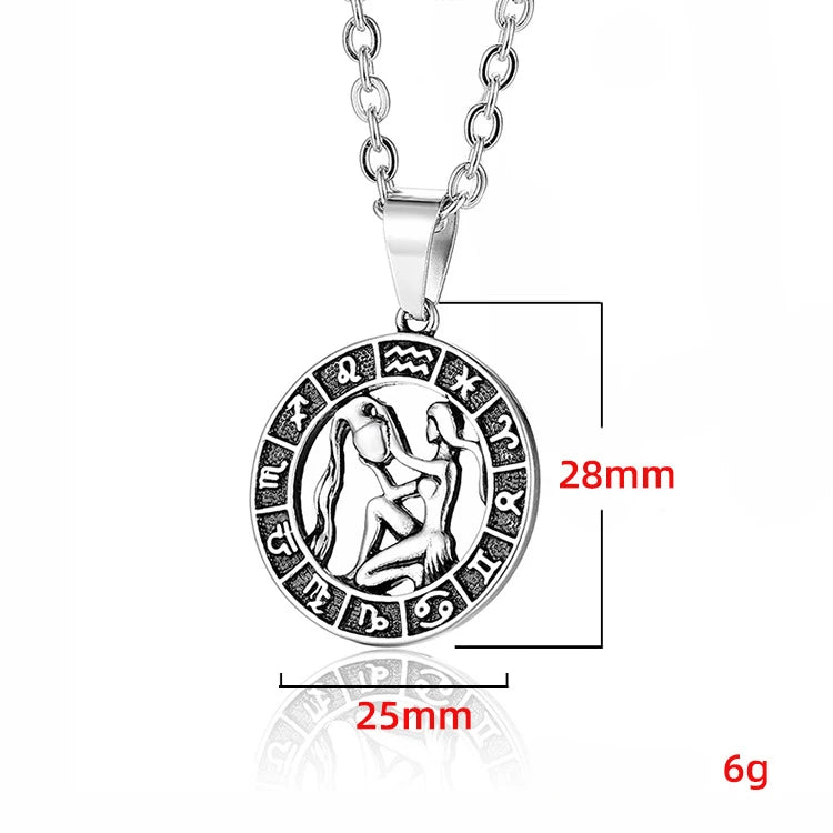 Round Design 12 Zodiac Sign Constellations Horoscope Stainless Steel Pendant Necklace Chains