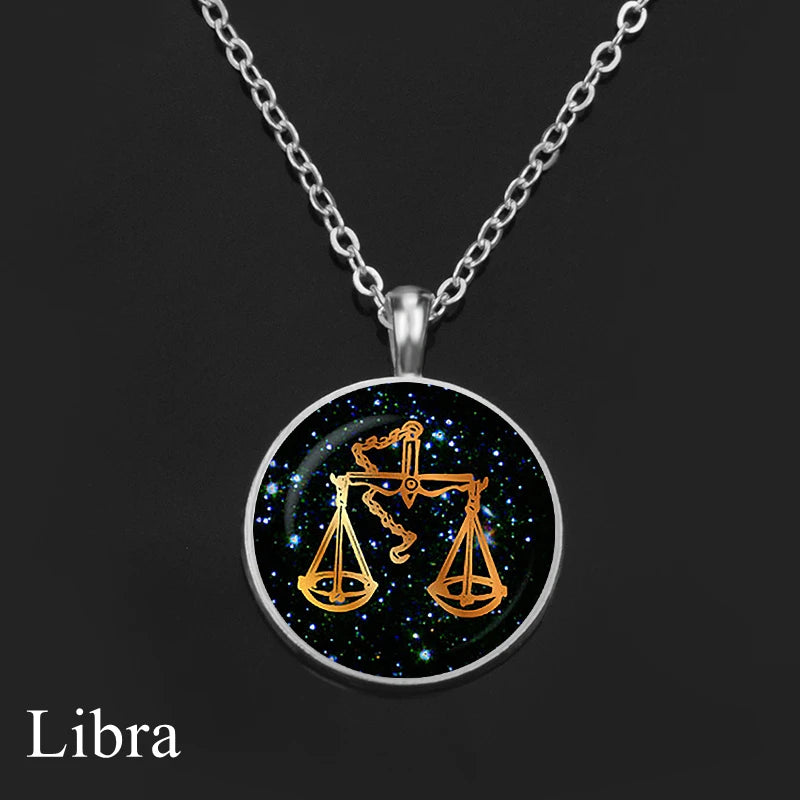 12 Constellation Necklace Orange Zodiac Sign Glass Cabochon Pendant Silver Color Chain Necklace