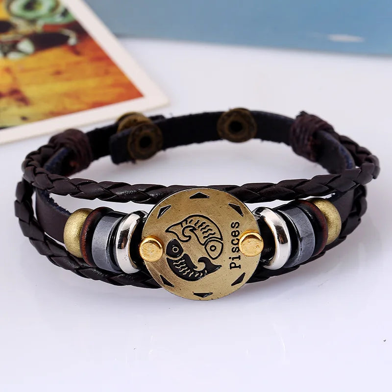 12 Horoscope Leather Bracelet for Women Man Vintage Retro Charm Male Bracelets Jewelry Gifts Pulseras Hombre Pulseras De Mujer