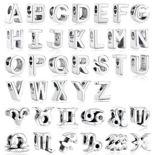 Original 925 Sterling Silver Charms Beads 12 Zodiac A-Z Letters Virgo Aries Fit Pandora Bracelets Necklaces Jewelry For Women