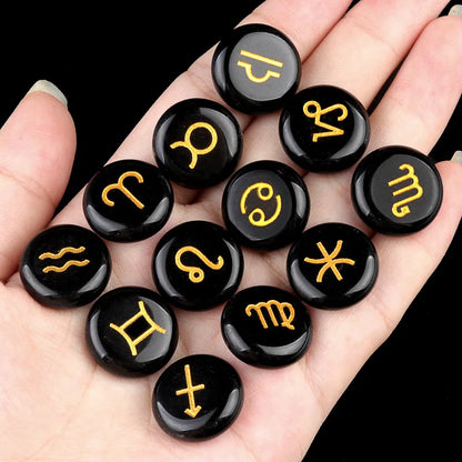 Natural Crystal Horoscope Symbols Engraved Stones (Set of 12) for Reiki Healing Meditation Balancing Gemstone Pocket Stone Gifts