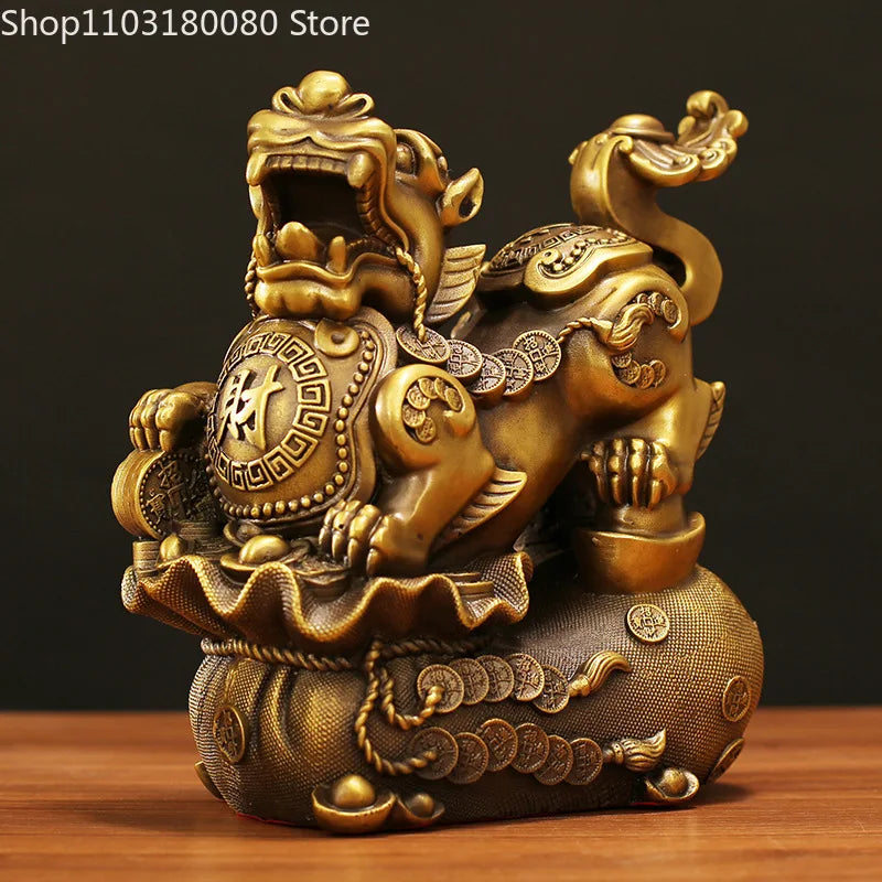 Copper Brass Caifu Pixiu Statue Decor Chinese Home Office Lucky Feng Shui Decoration Large