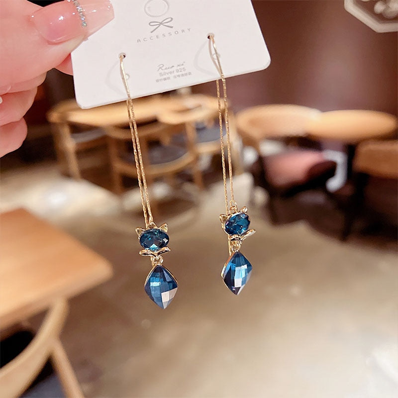 Elegant Vintage Temperament Long Royal Blue Fox Gem Pendant Fringe Earrings For Women Korean Fashion Earring Party  Jewelry Gift