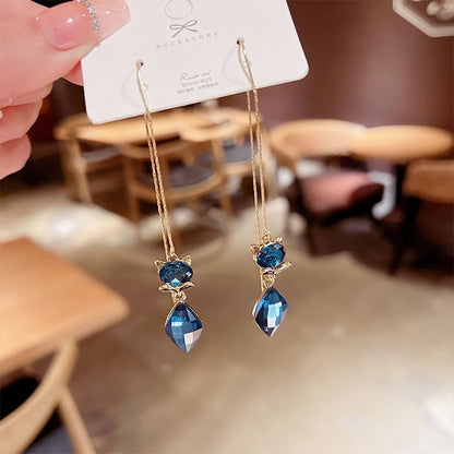 Elegant Vintage Temperament Long Royal Blue Fox Gem Pendant Fringe Earrings For Women Korean Fashion Earring Party  Jewelry Gift