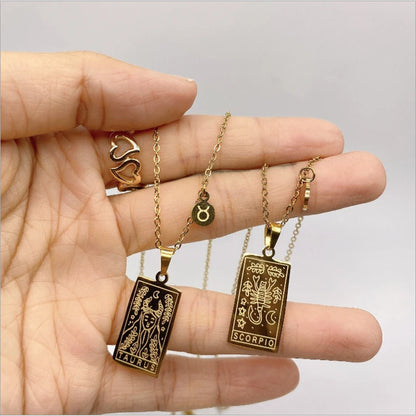 Vintage Stainless Steel Square Pendant Horoscope 12 Constellations Necklace Female Male Zodiac Sign Collar Necklace