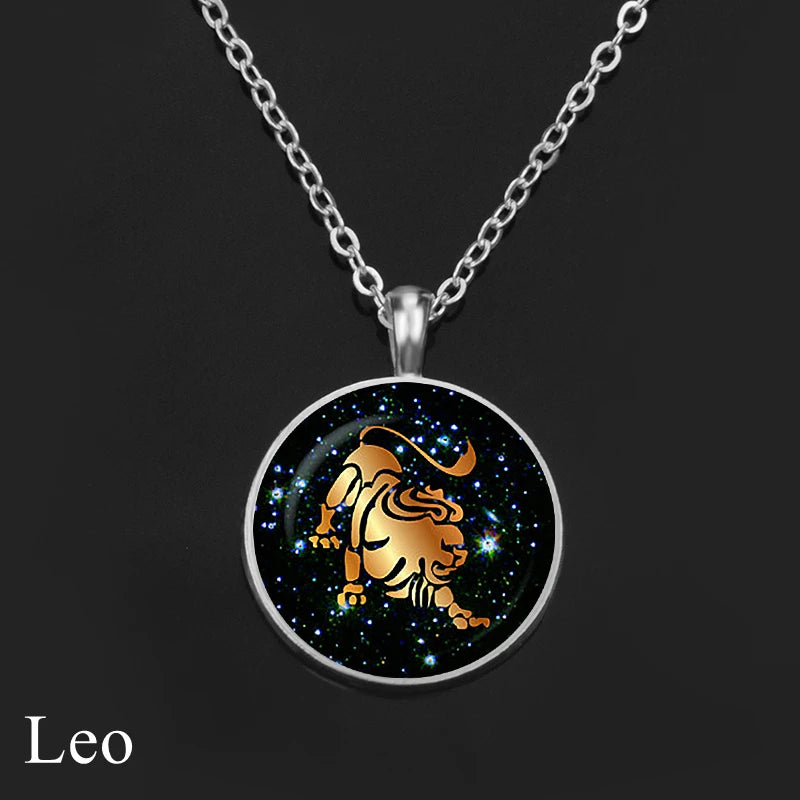 12 Constellation Necklace Orange Zodiac Sign Glass Cabochon Pendant Silver Color Chain Necklace