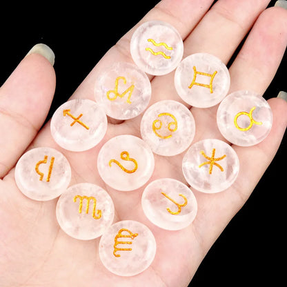 Natural Crystal Horoscope Symbols Engraved Stones (Set of 12) for Reiki Healing Meditation Balancing Gemstone Pocket Stone Gifts