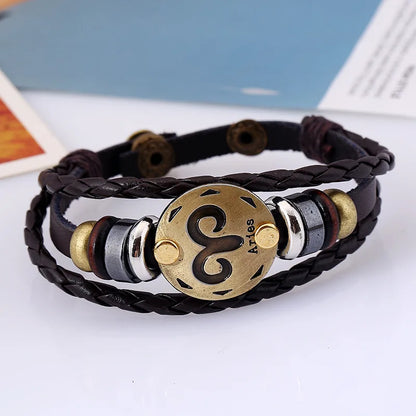 12 Horoscope Leather Bracelet for Women Man Vintage Retro Charm Male Bracelets Jewelry Gifts Pulseras Hombre Pulseras De Mujer