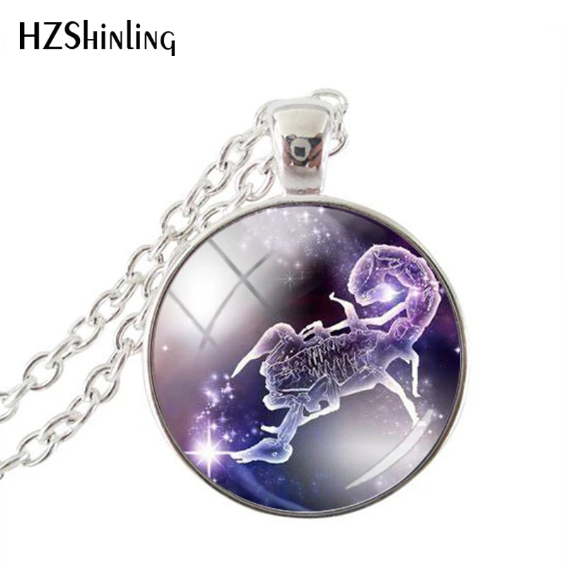 Fashion Purple Galaxy 12 Horoscope Scorpio Sagittarius Capricorn Aquarius Pendant Fashion Necklace Glass Dome Jewelry Gift