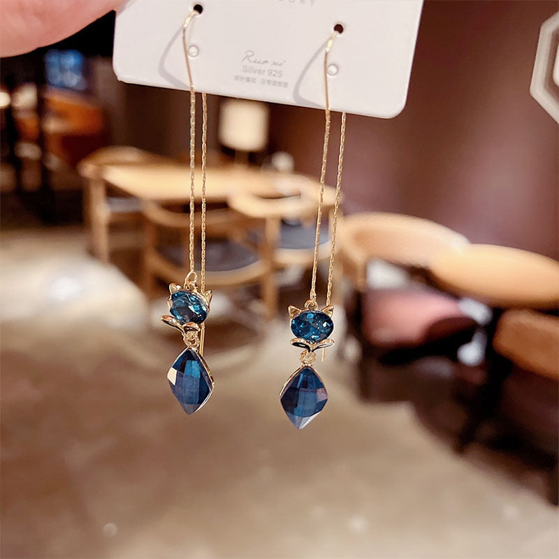 Elegant Vintage Temperament Long Royal Blue Fox Gem Pendant Fringe Earrings For Women Korean Fashion Earring Party  Jewelry Gift