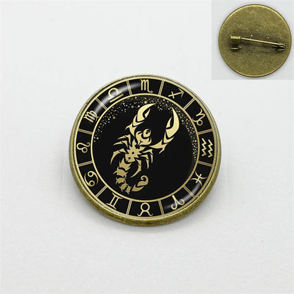 New Fashion Taurus Leo Pisces Zodiac Signs Collar Pins Glass Dome Zodiac Sign Lapel Pin Clothing Badge Pin Gift