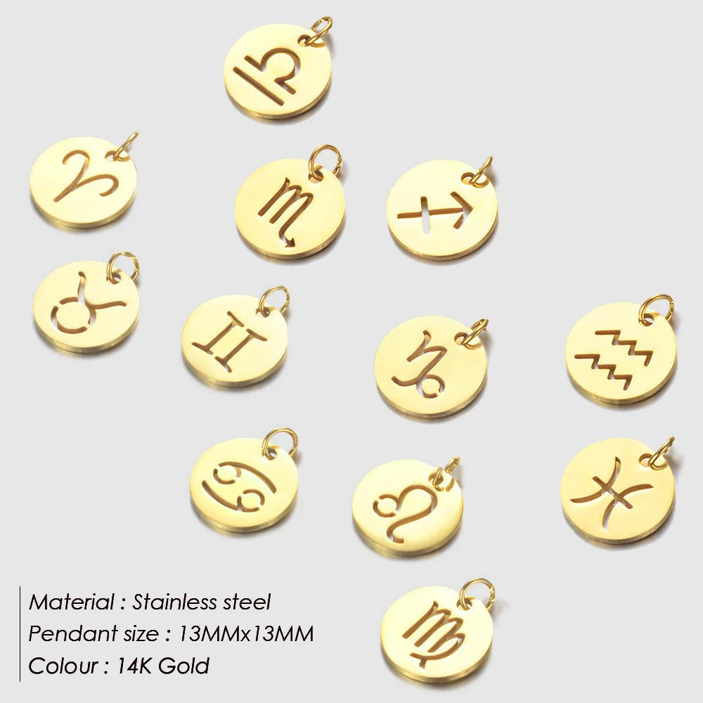 SUNIBI DIY Stainless Steel Disc Components 12 Zodiac Charms for Handmade Jewelry Making Designer Gold Plated Charms for Bracelet