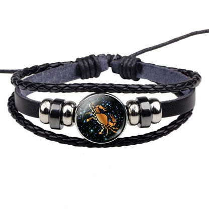 12 Constellation Leather Bracelet Zodiac Sign Handmade Glass Cabochon Black Punk Mens Jewelry Horoscope Astrology Birthday Gift