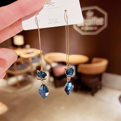 Elegant Vintage Temperament Long Royal Blue Fox Gem Pendant Fringe Earrings For Women Korean Fashion Earring Party  Jewelry Gift