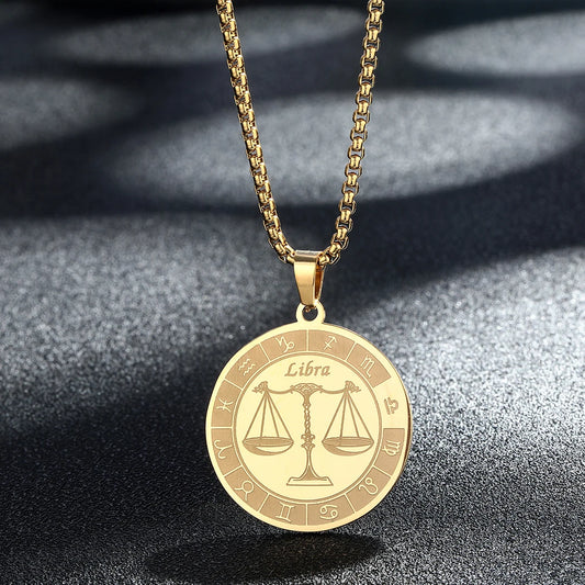 Stainless Steel Zodiac Sign Necklace For Women Men 12 Constellation Libra Symbol Pendant Necklace Amulet Collar Men Jewelry Gift