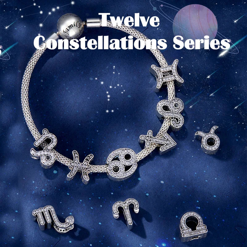 WOSTU 925 Sterling Silver Vintage 12 Zodiac Constellation Beads Orignal Zircon Aries Libra Charms Fit DIY Bracelet Necklace Gift