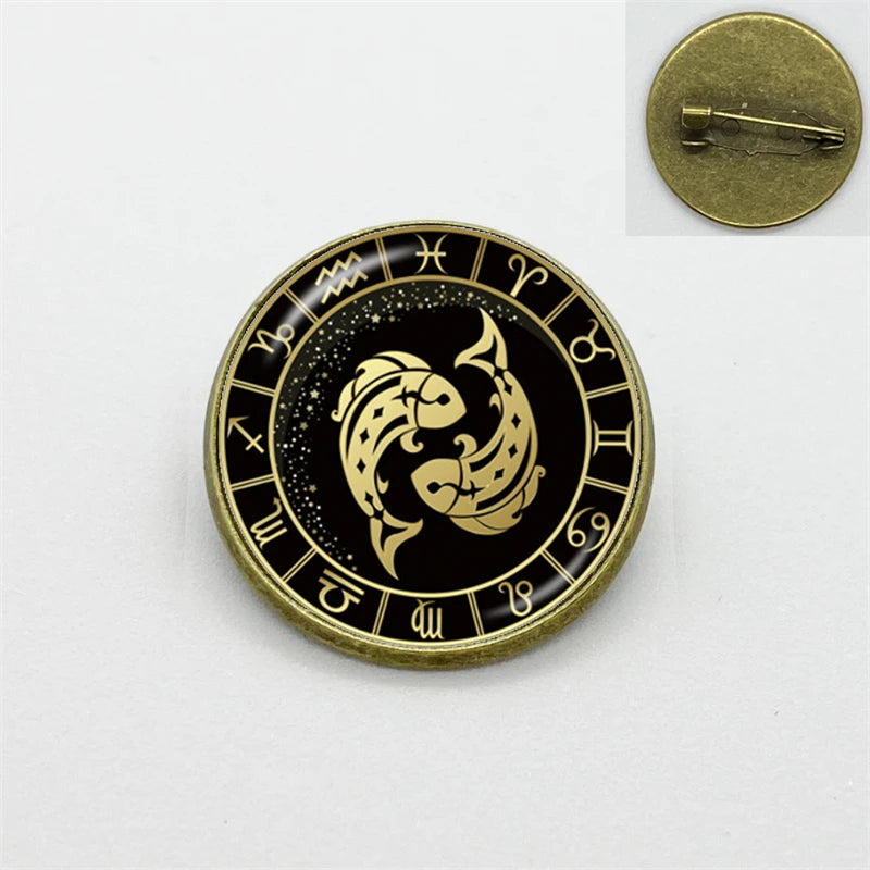 New Fashion Taurus Leo Pisces Zodiac Signs Collar Pins Glass Dome Zodiac Sign Lapel Pin Clothing Badge Pin Gift