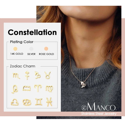 eManco New Men Women 12 Horoscope Zodiac Sign Pendant Necklace Aries 12 Constellations Necklace Fashion Jewelry Christmas Gift