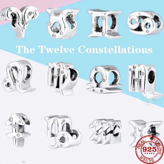 New 925 Sterling Silver 12 Constellation Zodiac Round Beads Fit Original Pendant Bracelet Charms DIY Jewelry Genuine Gift