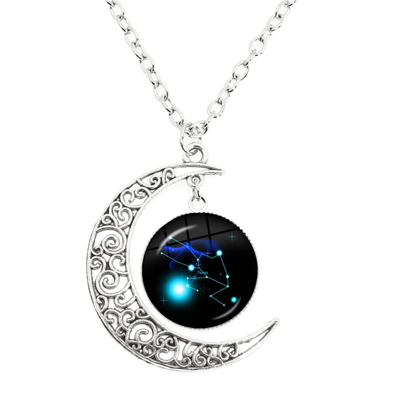 Aries/Taurus/Gemini/cancer/LEO/Virgo/Libra/Scorpio Zodiac Signs Crescent Moon Necklace 12 Constellations Jewelry for Birthday