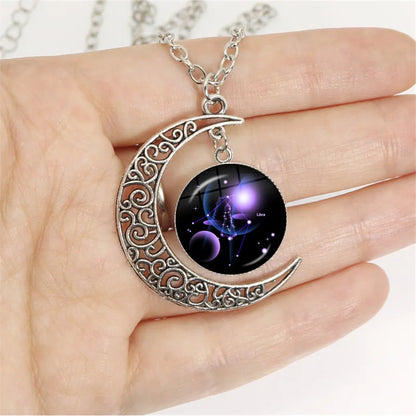 Aries/Taurus/Gemini/cancer/LEO/Virgo/Libra/Scorpio Zodiac Signs Crescent Moon Necklace 12 Constellations Jewelry for Birthday