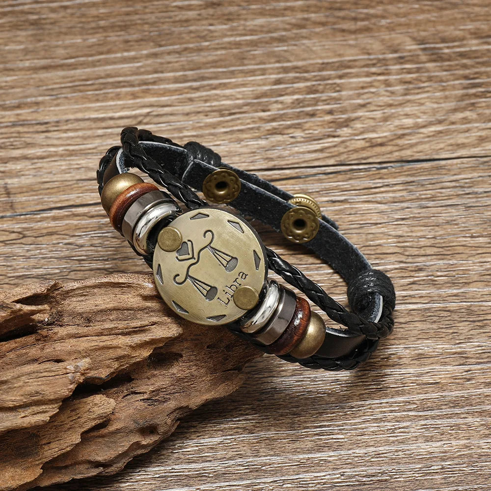 12 Horoscope Leather Bracelet for Women Man Vintage Retro Charm Male Bracelets Jewelry Gifts Pulseras Hombre Pulseras De Mujer