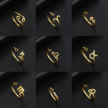 Stainless Steel Zodiac Rings 12 Constellations Open Ring for Women Aries Leo Virgo Gemini Libra Pisces Scorpio Birthday Gifts