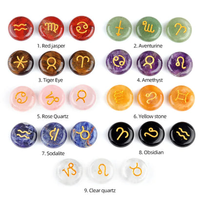 Natural Crystal Horoscope Symbols Engraved Stones (Set of 12) for Reiki Healing Meditation Balancing Gemstone Pocket Stone Gifts