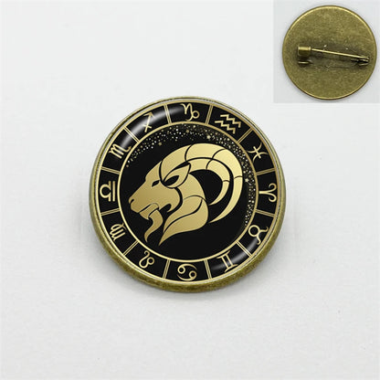 New Fashion Taurus Leo Pisces Zodiac Signs Collar Pins Glass Dome Zodiac Sign Lapel Pin Clothing Badge Pin Gift