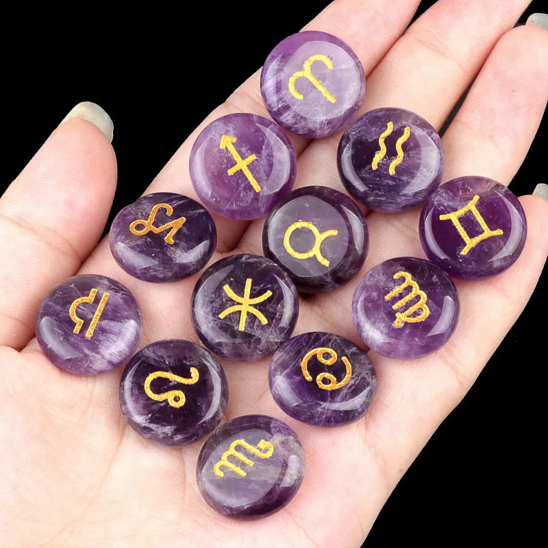 Natural Crystal Horoscope Symbols Engraved Stones (Set of 12) for Reiki Healing Meditation Balancing Gemstone Pocket Stone Gifts