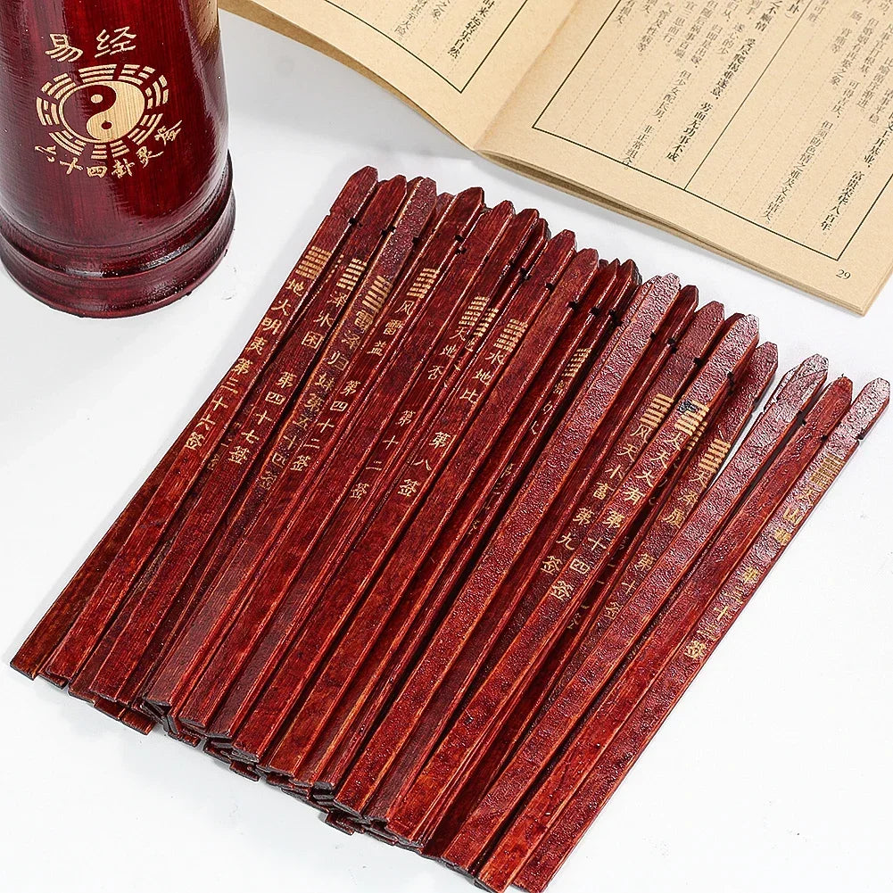 Chinese Fortune Sticks Set Wooden Divination Props Feng Shui Prediction Game with Storage Bucket and Interpretation Book