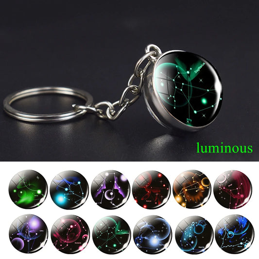 12 Constellation Key Ring Starry Sky Luminous Zodiac Keychain Glass Ball Key Chain Accessories Pendant Key Chain Gifts