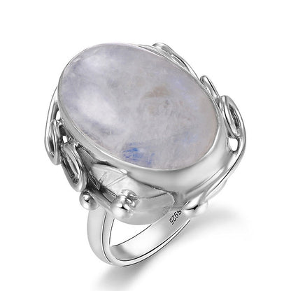 Silver Color Ring Natural Lapis Lazuli White Chalcedony Moonstone Ring Large Stone 11x17MM Oval Fashion jewelry for women