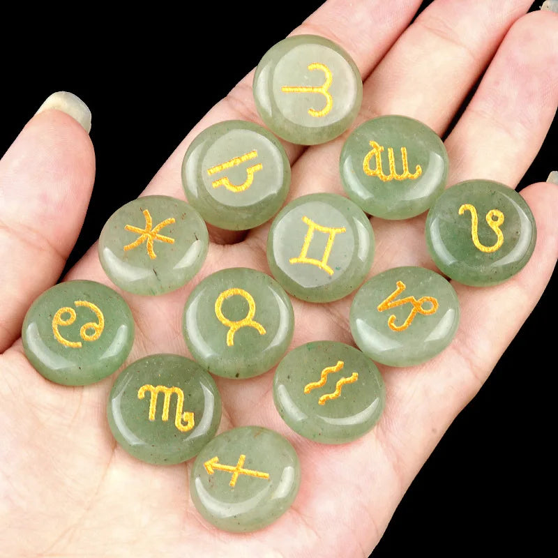 Natural Crystal Horoscope Symbols Engraved Stones (Set of 12) for Reiki Healing Meditation Balancing Gemstone Pocket Stone Gifts