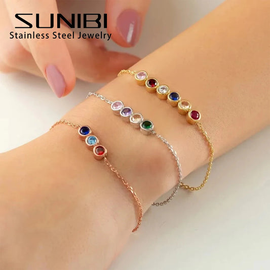 SUNIBI DIY Birthstone Bracelet for Woman Stainless Steel Zircon 12 Zodiac Constellation Multicolor Bracelets Jewelry Wholesale