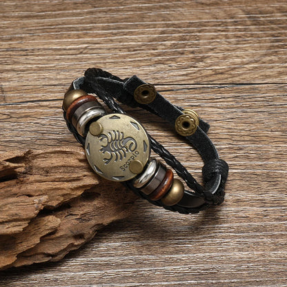 12 Horoscope Leather Bracelet for Women Man Vintage Retro Charm Male Bracelets Jewelry Gifts Pulseras Hombre Pulseras De Mujer