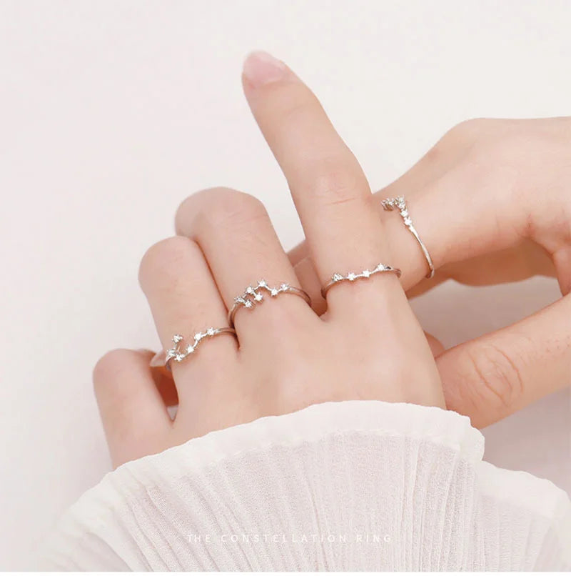 Minimalist Inlaid Cubic Zircon 12 Constellation Rings For Women Zodiac Sign Adjustable Finger Ring Simple Silver Color Jewelry