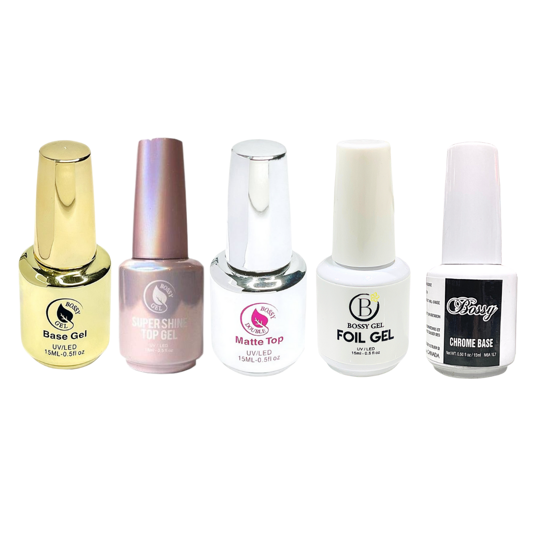 BOSSYGEL Essential Set 01 (Base Gel, Top Gel, Matte Top Gel, Foil Gel, Chrome Gel)