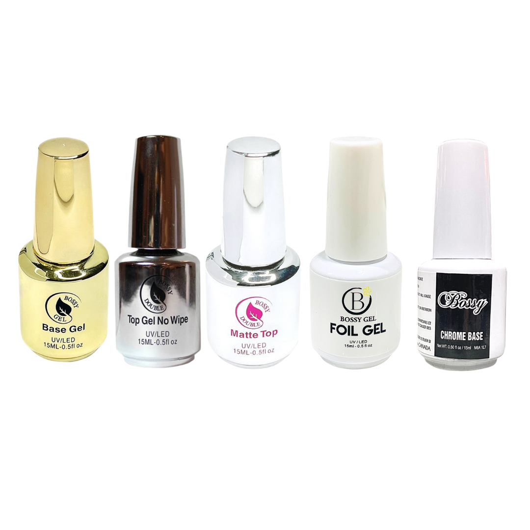 BOSSYGEL Essential Set 01 (Base Gel, Top Gel, Matte Top Gel, Foil Gel, Chrome Gel)