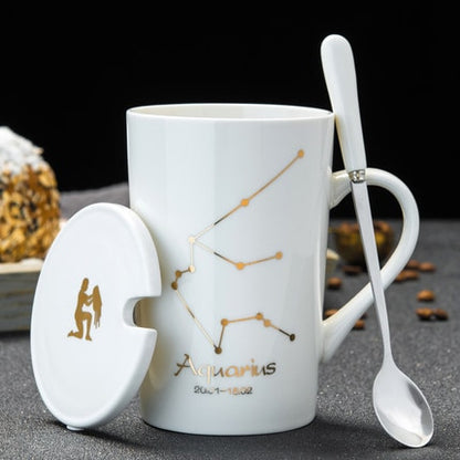 Ceramic Mugs 12 Constellations Creative Mugs With Spoon Lid Black Mug Porcelain Zodiac Milk Coffee Cup Drinkware Couples Gift