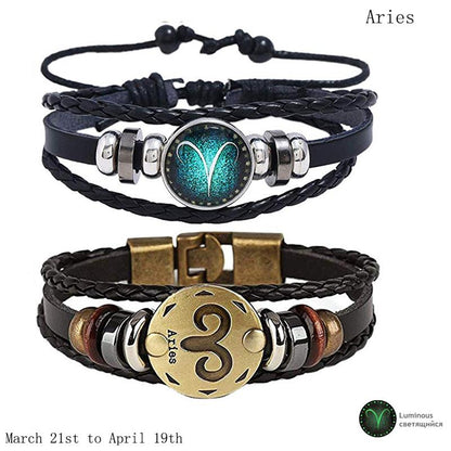 2pcs/set 12 Constellation Bracelets Luminous Charm Leather Bracelet Zodiac Horoscope Braided Bangle Men Women Jewelry Wrist Gift