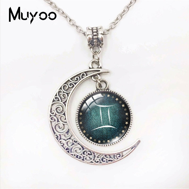 Handmade Fashion Jewelry 12 Zodiac Signs Moon Pendants Glass Dome Pisces Aquarius Zodiac Signs Jewelry Pendant Necklace