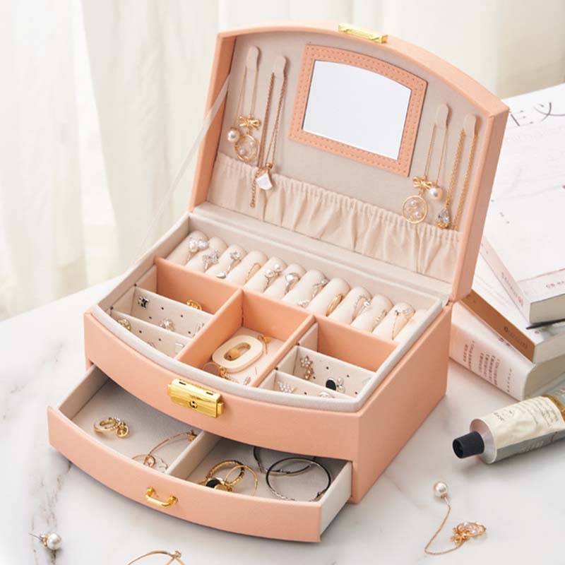 Women&#39;s Jewelry Box Travel Jewelry Case  Organizer Display With Mirror Leather Gift Boxes For Women