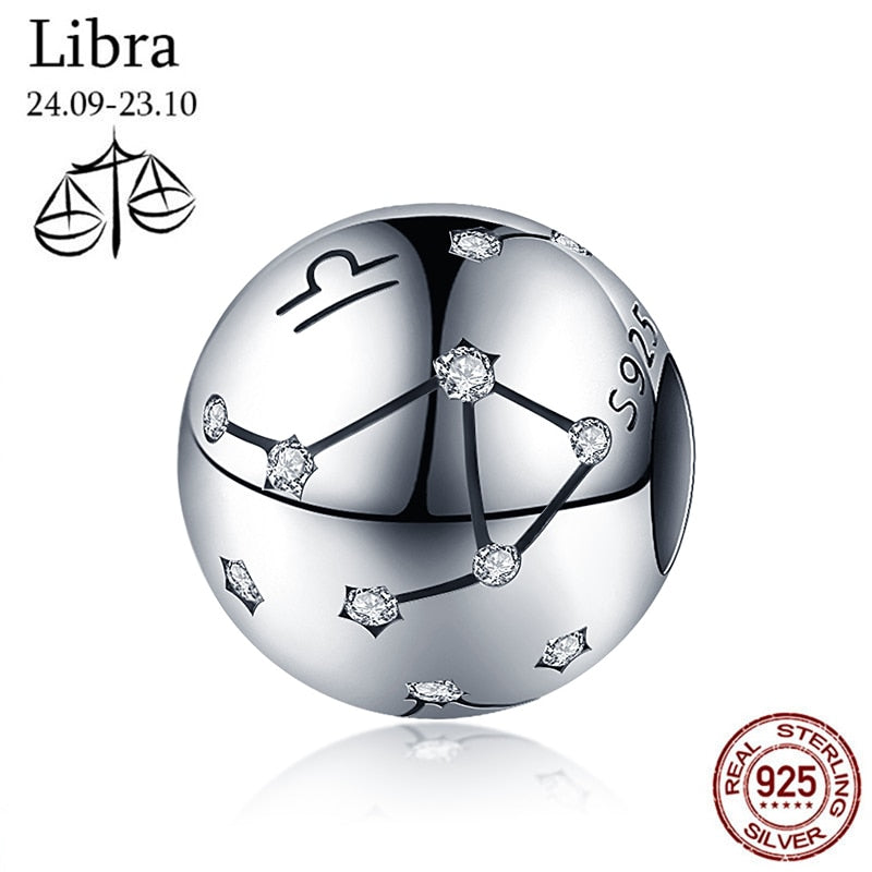 WOSTU 925 Sterling Silver Constellation Zodiac Bead Charm Aquarius Star Sign Fit Original Bracelet Women DIY Jewelry Party Gift