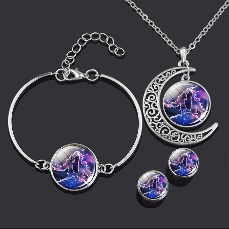 Constellation Jewelry Set 12 Zodiac Signs Glass Cabochon Necklace Bracelet Earrings Set Women 4PCS Jewelry Set Birthday Gifts