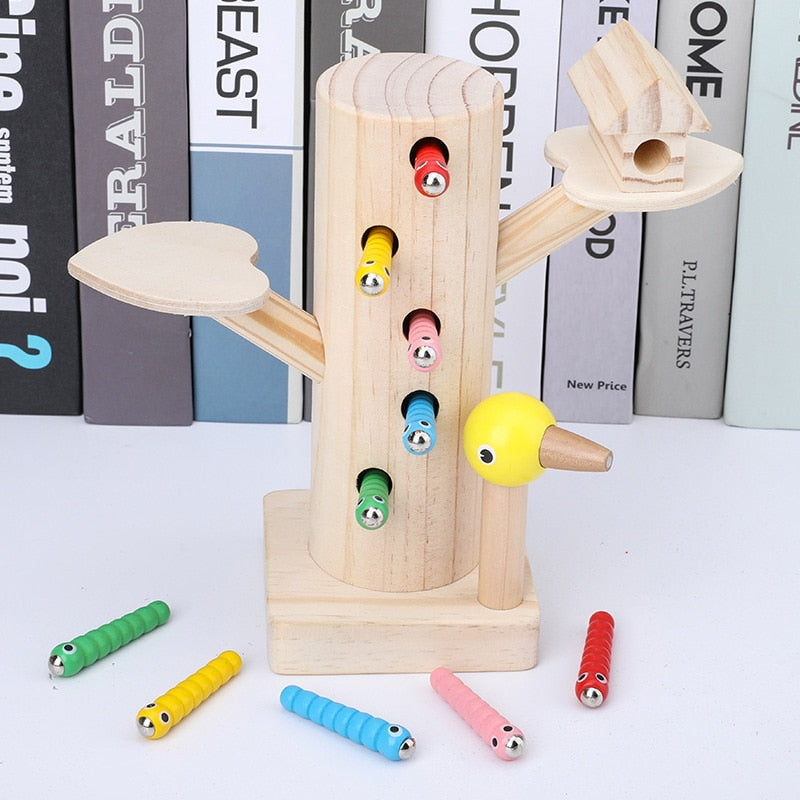 Montessori Educational Toy Wooden Woodpecker Catch The Worms Game for Toddlers Girls And Boys Magnetic Wooden Toy Gifts