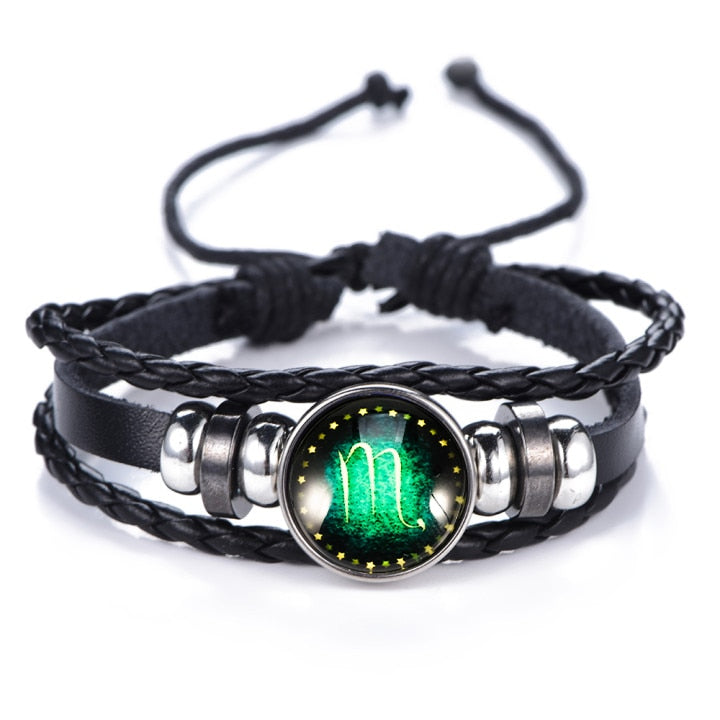 DropShipping Gemini Cancer Leo Virgo Libra Scorpio 12 Constellation Black punk Leather Bracelet Zodiac Bracelet for Men Women