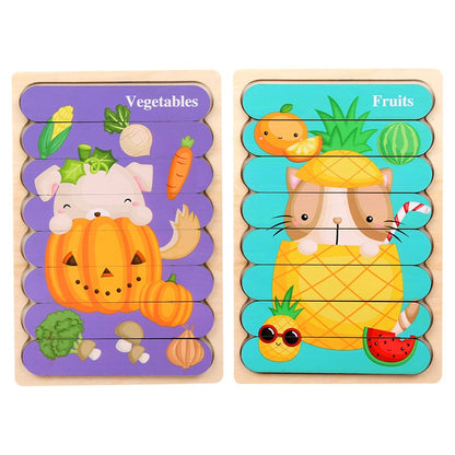 Double Sides Wooden Puzzle Kids Toys For Children Montessori Learning Puzzle Animal Fruits Jigsaw Early Edcuational Toys Gift