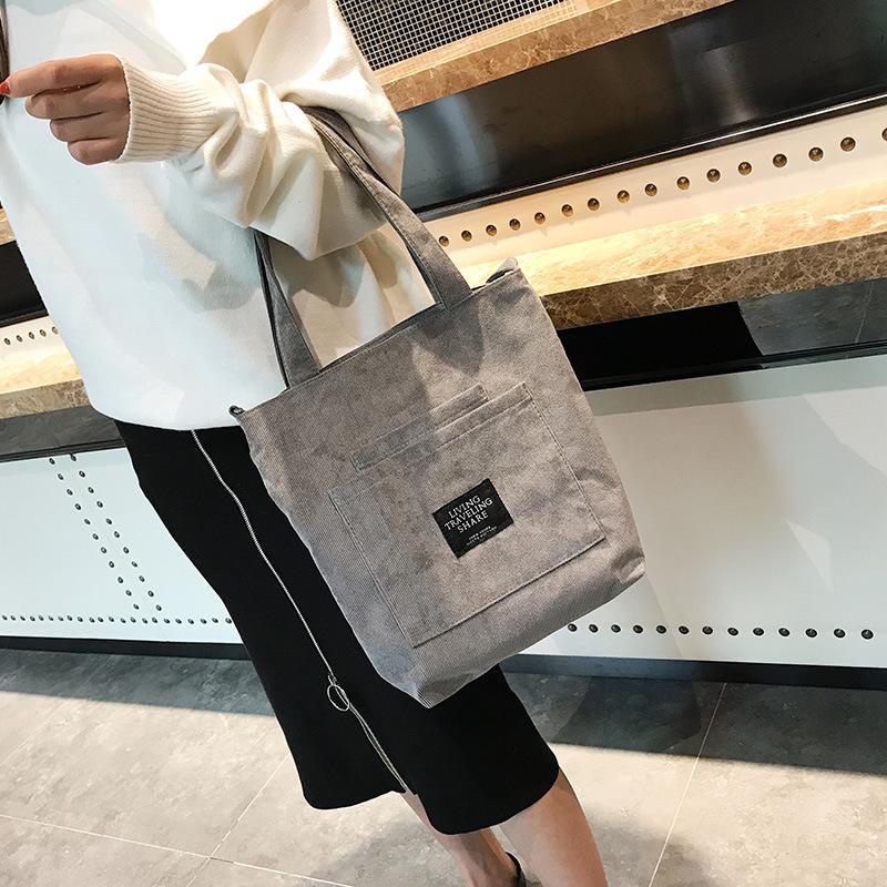 Women Corduroy Shoulder Bags Striped Cloth Fabric Handbags Casual Zip Tote Canvas Crossbody Bag Cute Shopping Bag For Ladies